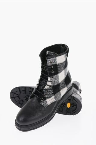 Buffalo Checked Wool and Textured Leather Combat Boots in Black & White