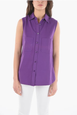 Cotton Sleeveless Maxi Shirt with Double Breast Pockets in Violet
