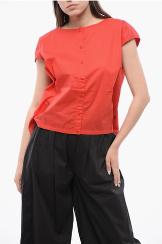Popeline Sleeveless Shirt with Drawstringed Hem in Red