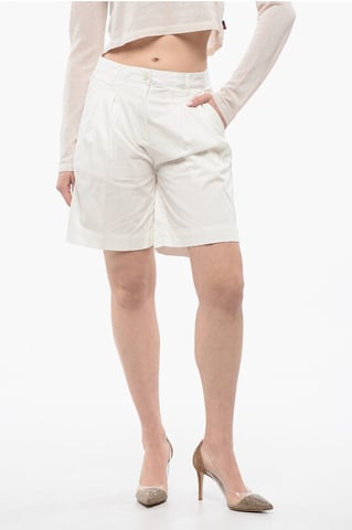 Double Pleated Stretch Shorts in White