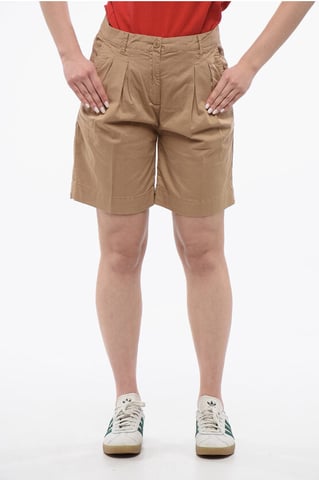 Double-pleated Stretch Cotton Shorts with Belt Loops in Beige