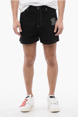 Dark Washed Shorts with Logo Embroidery in Black
