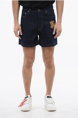 Raw Wash 90SLOGO Embroidered Denim Shorts in Blue