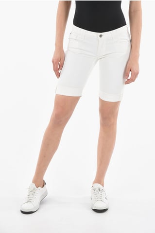 5 Pockets Denim Stretch Shorts with Logoed Button in White