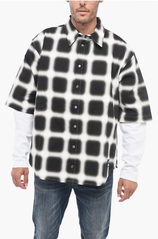 Snap Buttoned BLURRED CHECK Cotton Shirt in Black & White