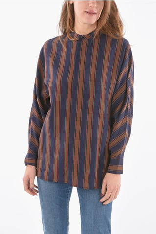 Unbalanced Striped SCULLY Mandarin Collar Shirt in Blu, Marrone