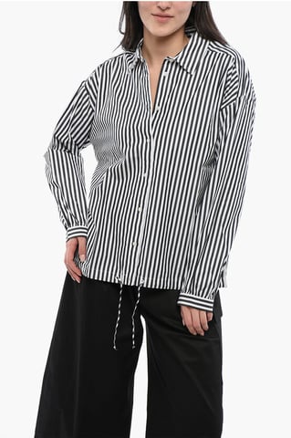 Awning Striped YARN Shirt with Drawstringed Bottom in Black & White