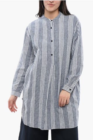Balanced Stripe Organic Cotton Shirt with Mandarin Collar in Light blue