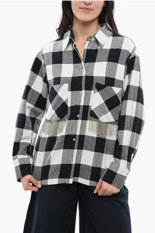 Plaid Check Cotton Blend Shirt with Fringed Details in Black & White