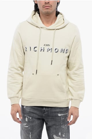 Brushed Cotton Hoodie With Embroidered Logo in Beige