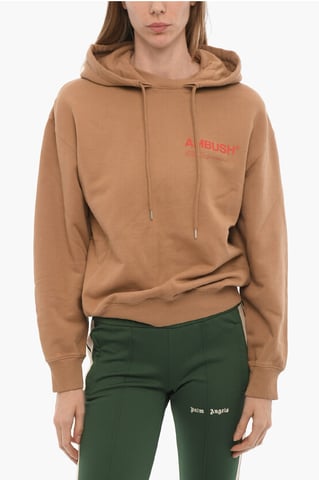 Brushed Cotton Hoodie with Printed Logo in Brown