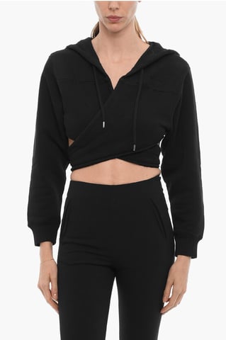 Solid Color Crop Hoodie to Wrap at the Waist in Black