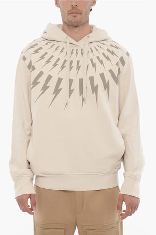 Fleeced Cotton FAIRISLE THUNDERBOLT Hoodie in Beige