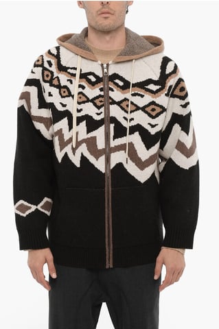 Boxy Fit Wool Sweater with Hood in Beige, Nero