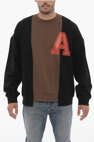 Fleeced Cotton VARSITY Crew-neck Sweatshirt in Marrone, Nero