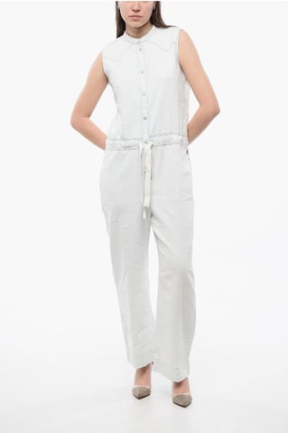 Mouwloze denim jumpsuit met trekkoord in de taille in wit