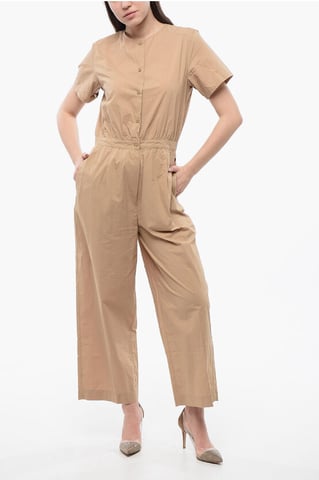 Popeline jumpsuit met korte mouwen in beige