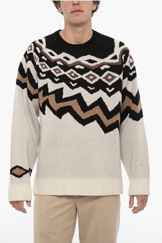 Wool Boxy Fit Crew-neck Sweater in Beige, Nero
