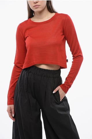Crew Neck Viscose Blend Crop Sweater in Red