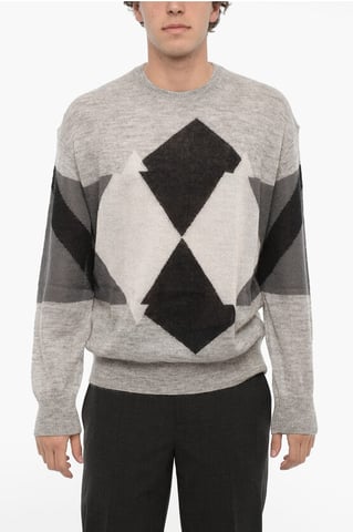 Argyle Motif Crew-neck Sweater in Grigio, Bianco e Nero