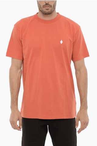 Solid Color Crew-neck T-Shirt with Cross Embroidery in Orange