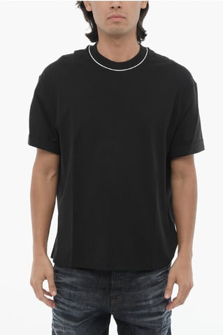 Solid Color Easy Fit Crew-neck T-Shirt with Shirting Sleeves in Black