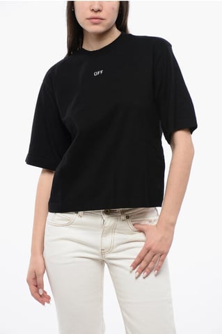 Cropped Crew-neck T-shirt with Bck Maxi Embroidery in Black