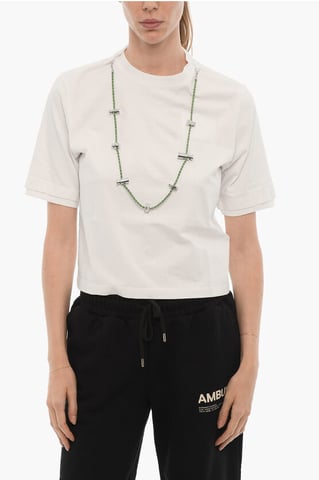 Solid Color STOPPERS Crew-neck T-Shirt with Removable Chain in White