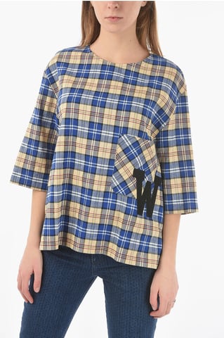 Plaid Checked Oversized T-shirt with Maxi Monogram Patch in Multicolor