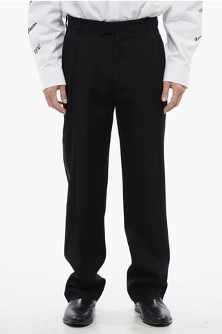 Dubbelgeplooide wollen broek met hoge taille in zwart