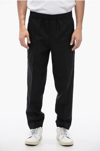 Linen Blend REM Pants with Elastic Waistband in Black