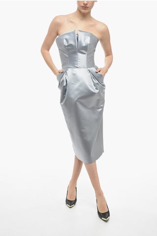 MM1 Satin Pencil Dress with Draping in Silver