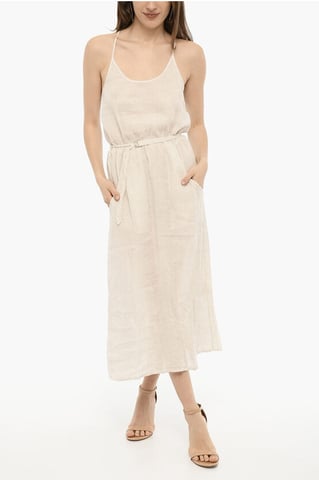 Awning Striped Linen Maxi Dress with Belt in Beige, Bianco