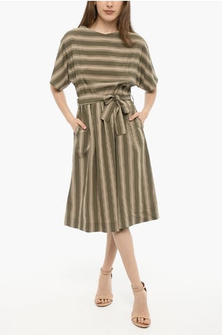 Bayadere Striped SCULLY Maxi Dress with Belt in Beige, Verde