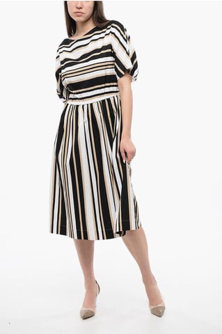 Color Block Striped SCULLY Flared Dress in Beige, Bianco e Nero