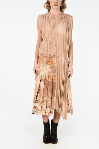 MMO Floral-Print Silk Blend Accordion Maxi Asymmetric Dress in Beige
