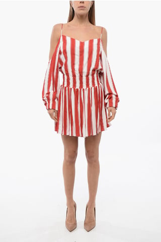 Balanced Stripe Viscose Minidress with Cold-Shoulder Design in Red