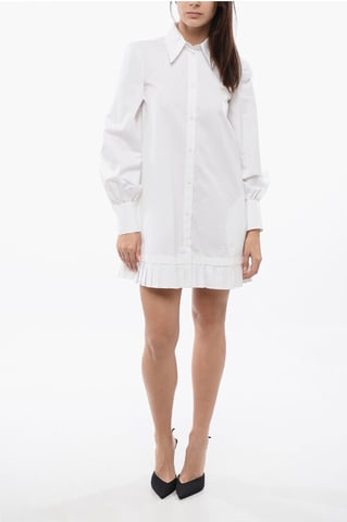 Popeline Shirt Dress with Pleated Hem in White