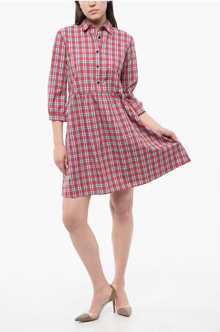3/4-Sleeved Plaid Check Cotton Chemisier in Red