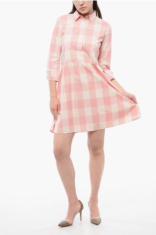 Checkered Long Sleeved Dress in Bianco, Rosa