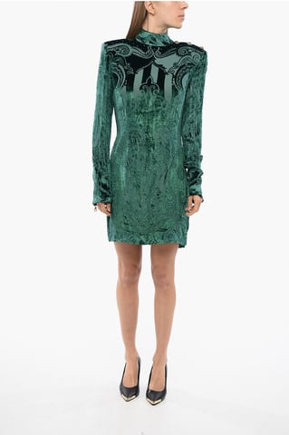 Long Sleeved Devore-Velvet Dress in Green