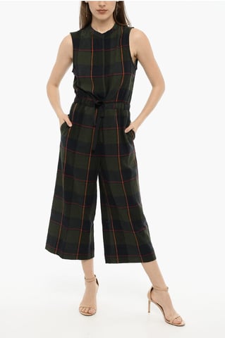 Plaid Check Wool Blend GAUZE Jumpsuit with Drawstring Waist in Green