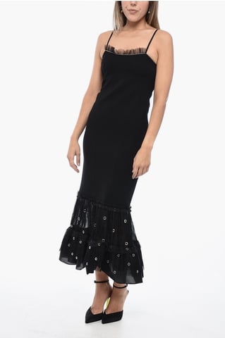 Slip Dress with Ruffled Hem in Black