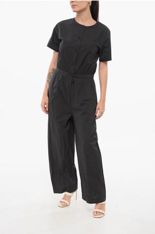 Short Sleeved Poplin Cotton Jumsuit in Black