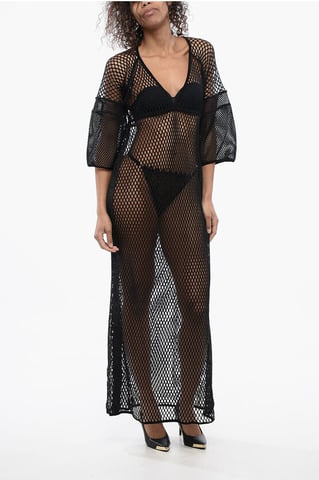 Mesh Kaftan Dress with Logoed Band in Black