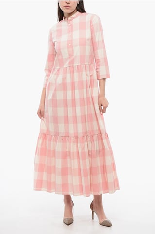 Checkered Long Dress in Bianco, Rosa
