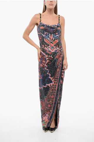 Sequined Dress With Chains And Deep Slit in Orange