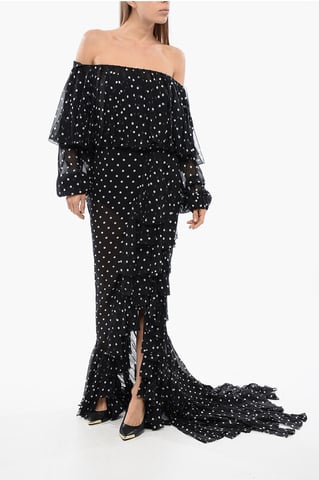 Fringed Dotted Off-the-shoulder Long Dress in Black