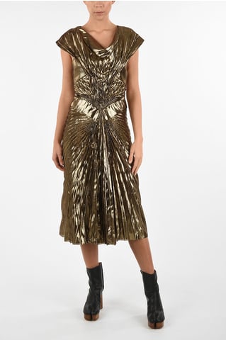 Metallic Faux Leather Draped Empire Dress in Gold
