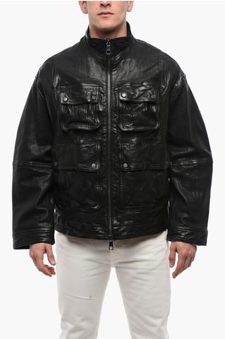 Multipocketed LOOSE WASHED Leather Jacket in Black